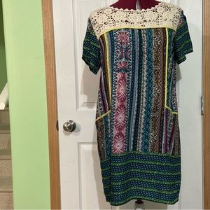 Umgee USA women blue stripe lace yoke front side pockets mini dress. Size S. NWT